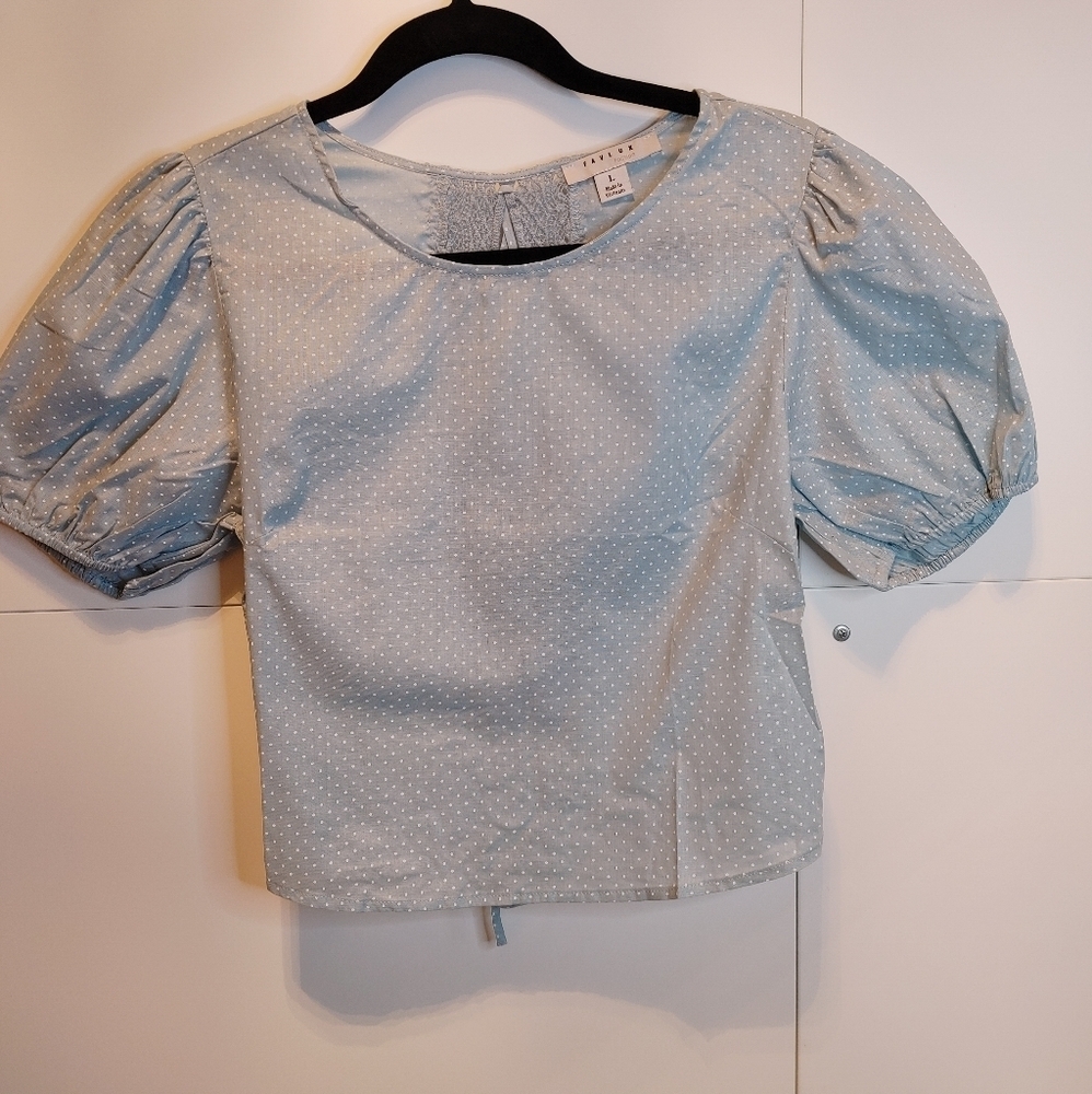 NWT Blue Polka Dot Puff Sleeve Open Back Lace Up Crop Top - Picture 7 of 10
